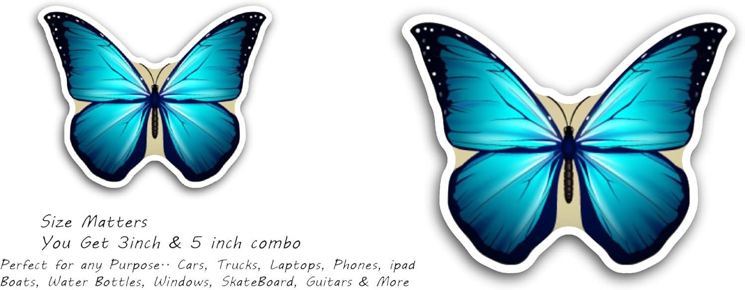 2 (Pieces) 3" and 5" Blue Morpho Butterfly Sticker, Waterproof Vinyl Decals for Many Purpose Like Cars, Trucks, Laptops, Phones, Windows and More