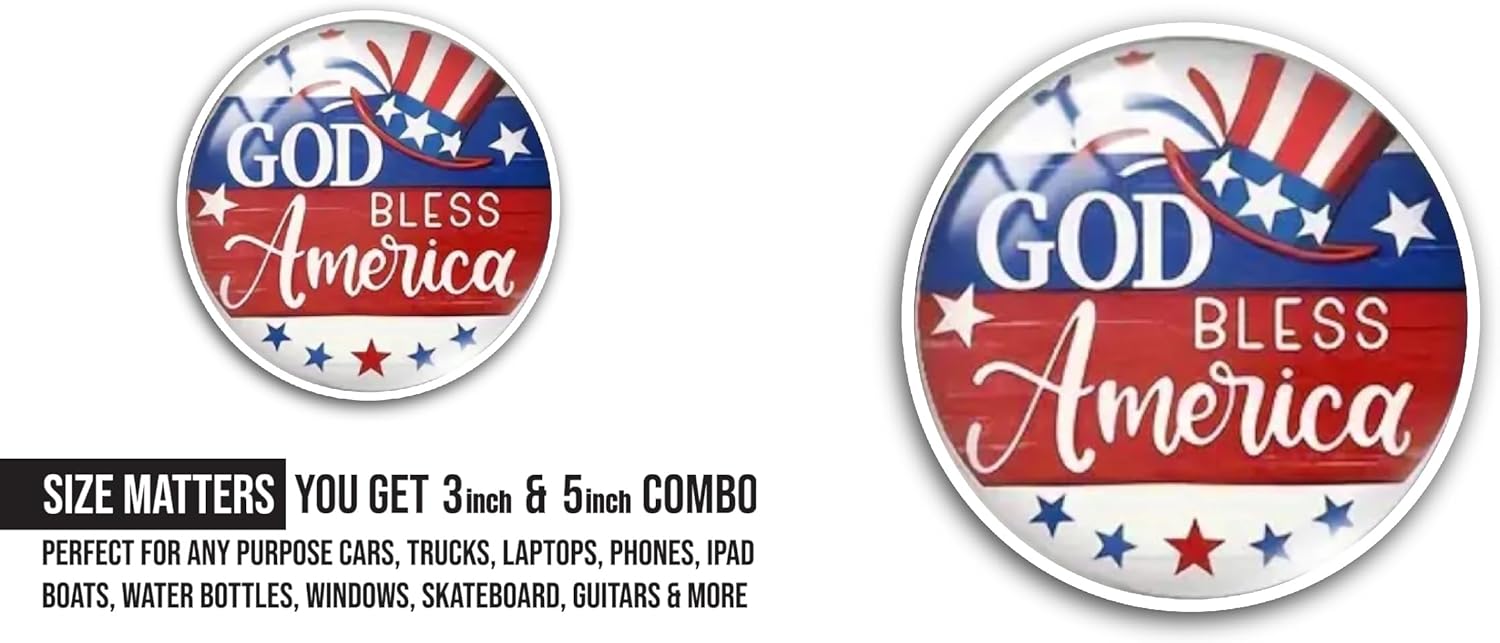 2 (Pieces) 3" and 5" God Bless America Sticker, Waterproof Vinyl Decals for Many Purpose Like Cars, Trucks, Laptops, Phones, Windows and More