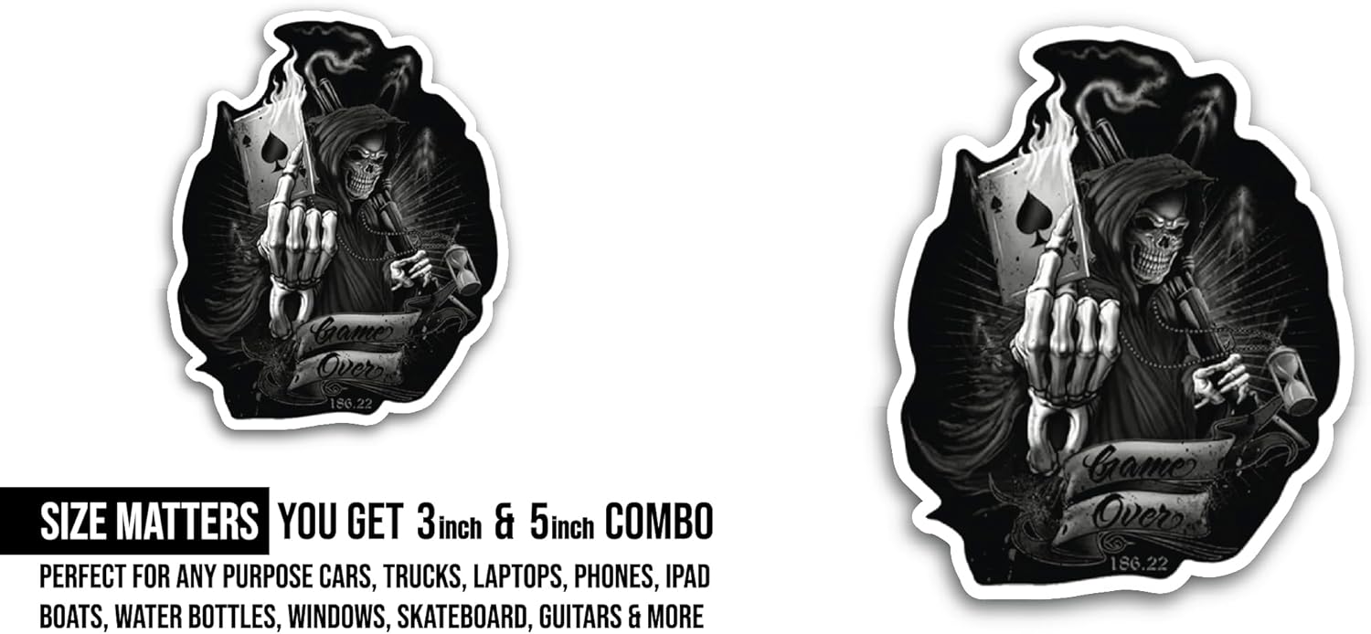 2 (Pieces) 3" and 5" Grim Reaper in Dark Background Sticker, Waterproof Vinyl Decals for Many Purpose Like Cars, Trucks, Laptops, Phones, Windows and More
