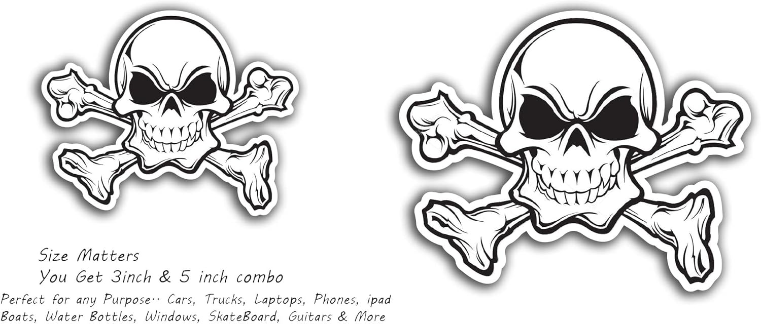 2 (Pieces) 3" and 5" Skull and Crossbones Sticker, Waterproof Vinyl Decals for Many Purpose Like Cars, Trucks, Laptops, Phones, Windows and More