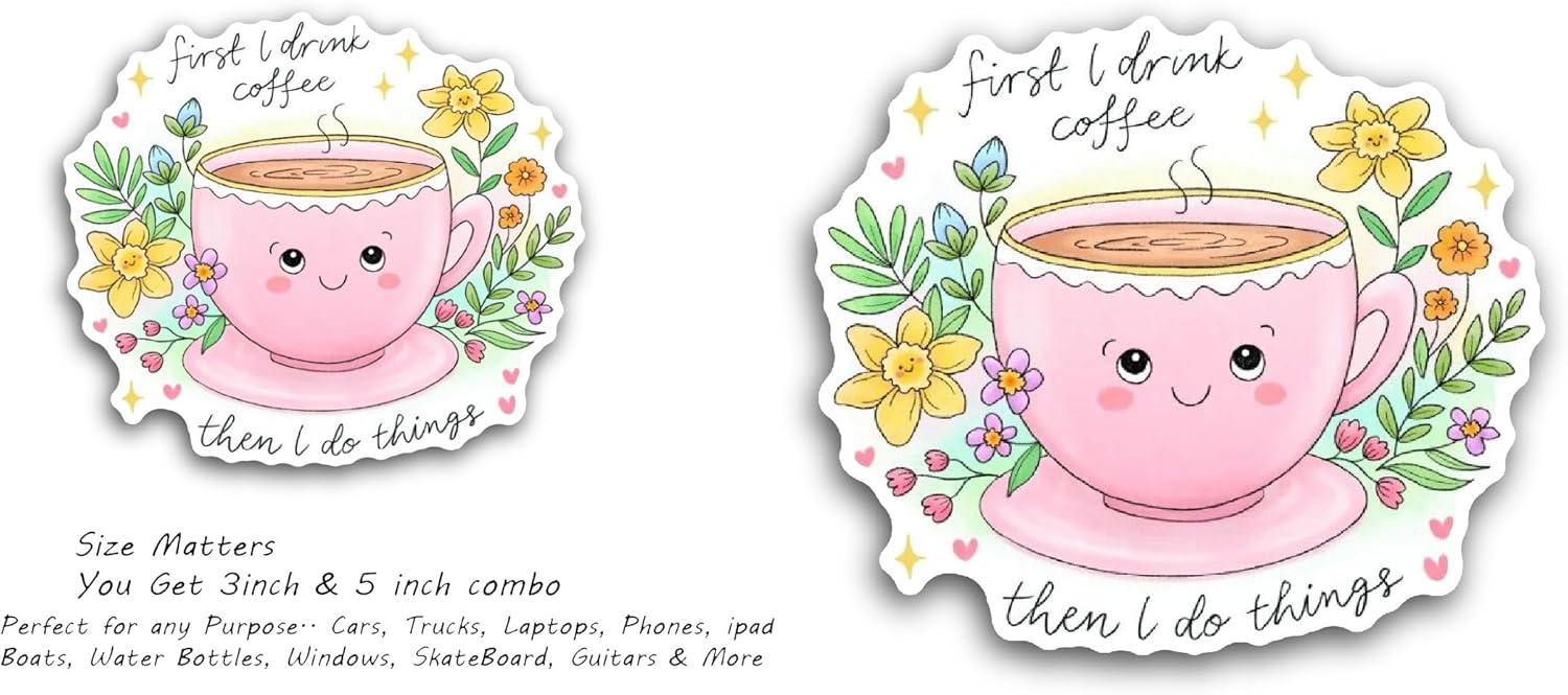 2 (Pieces) 3" and 5" Cute Tea Cup Sticker, Waterproof Vinyl Decals for Many Purpose Like Cars, Trucks, Laptops, Phones, Windows and More