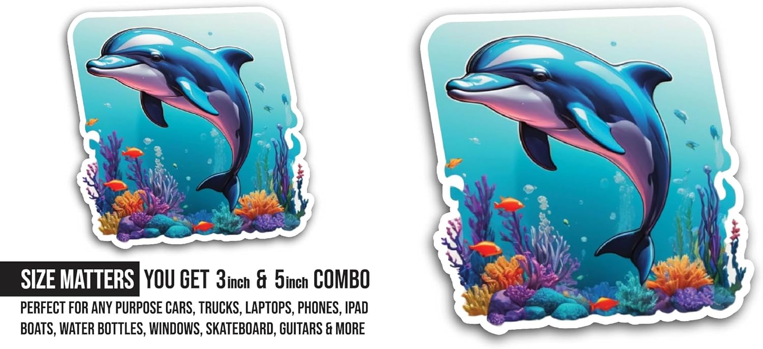 2 (Pieces) 3" and 5" Dolphin in The Water Sticker, Waterproof Vinyl Decals for Many Purpose Like Cars, Trucks, Laptops, Phones, Windows and More