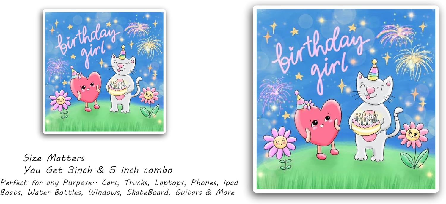 2 (Pieces) 3" and 5" Cat and Heart Birthday Celebration Sticker, Waterproof Vinyl Decals for Many Purpose Like Cars, Trucks, Laptops, Phones, Windows and More