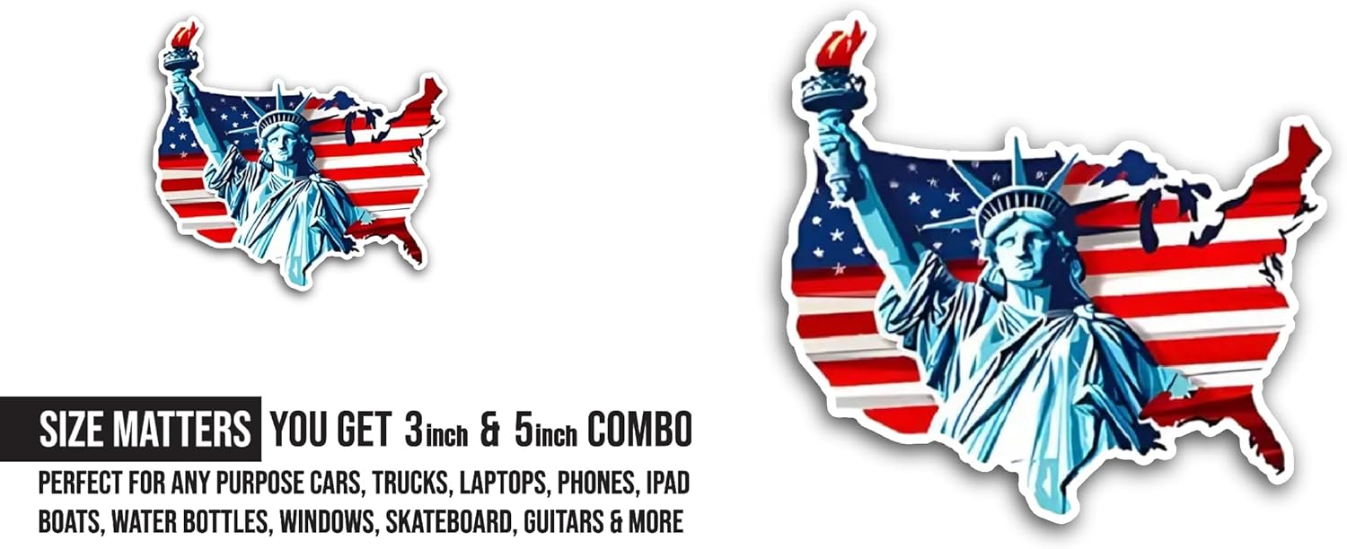 2 (Pieces) 3" and 5" Statue of Liberty with Flag Sticker, Waterproof Vinyl Decals for Many Purpose Like Cars, Trucks, Laptops, Phones, Windows and More