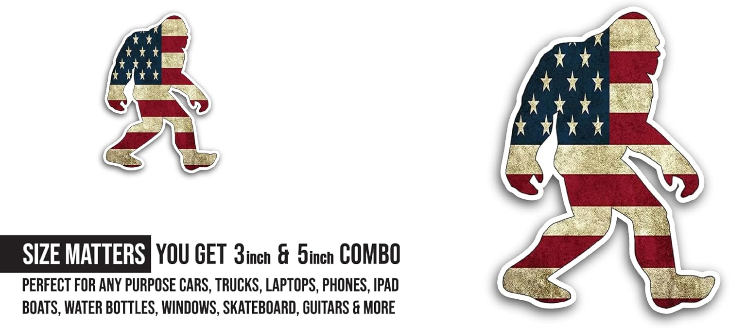 2 (Pieces) 3" and 5" American Flag Bigfoot Sticker, Waterproof Vinyl Decals for Many Purpose Like Cars, Trucks, Laptops, Phones, Windows and More