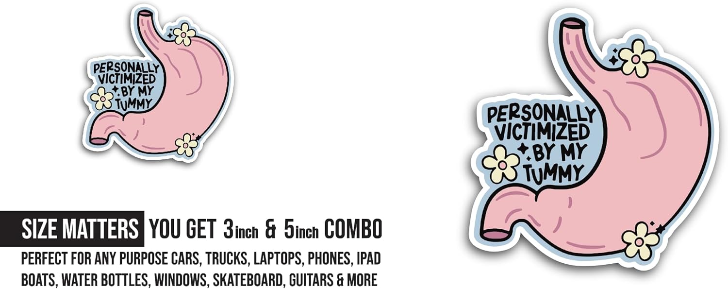 2 (Pieces) 3" and 5" Personally Victimized by My Tummy Sticker, Waterproof Vinyl Decals for Many Purpose Like Cars, Trucks, Laptops, Phones, Windows and More