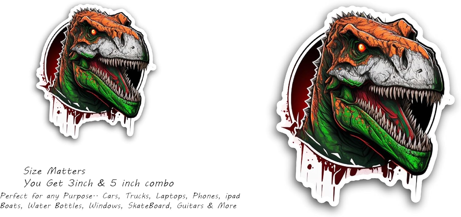 2 (Pieces) 3" and 5" Dinosaur Head Sticker, Waterproof Vinyl Decals for Many Purpose Like Cars, Trucks, Laptops, Phones, Windows and More