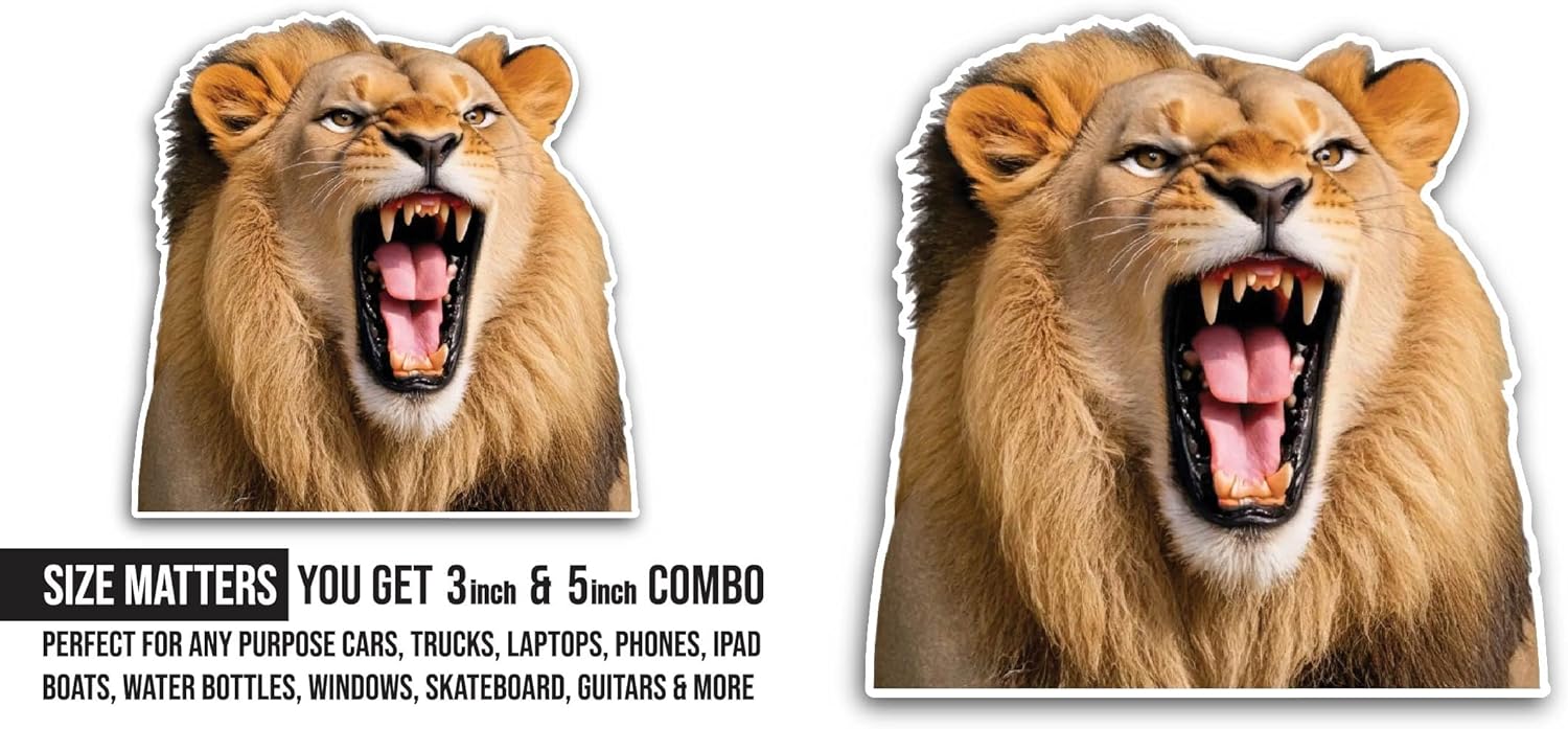 2 (Pieces) 3" and 5" Lion Head Roaring with Open Mouth Sticker, Waterproof Vinyl Decals for Many Purpose Like Cars, Trucks, Laptops, Phones, Windows and More