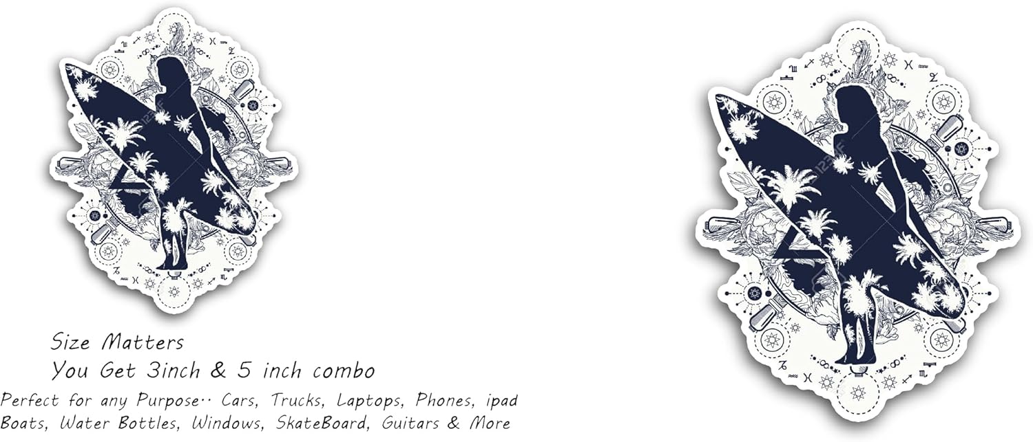 2 (Pieces) 3" and 5" Surfing Board with a Girl Sticker, Waterproof Vinyl Decals for Many Purpose Like Cars, Trucks, Laptops, Phones, Windows and More