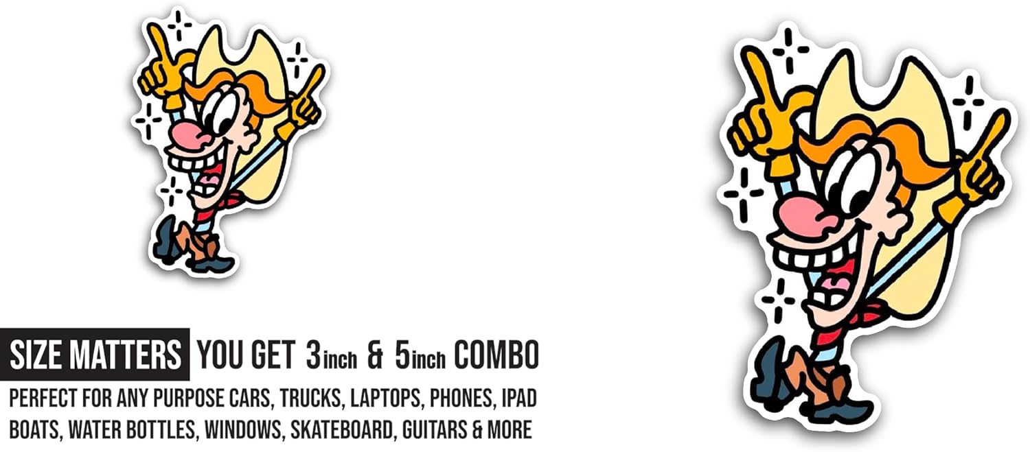 2 (Pieces) 3" and 5" Funny Cartoon Cowboy Sticker, Waterproof Vinyl Decals for Many Purpose Like Cars, Trucks, Laptops, Phones, Windows and More