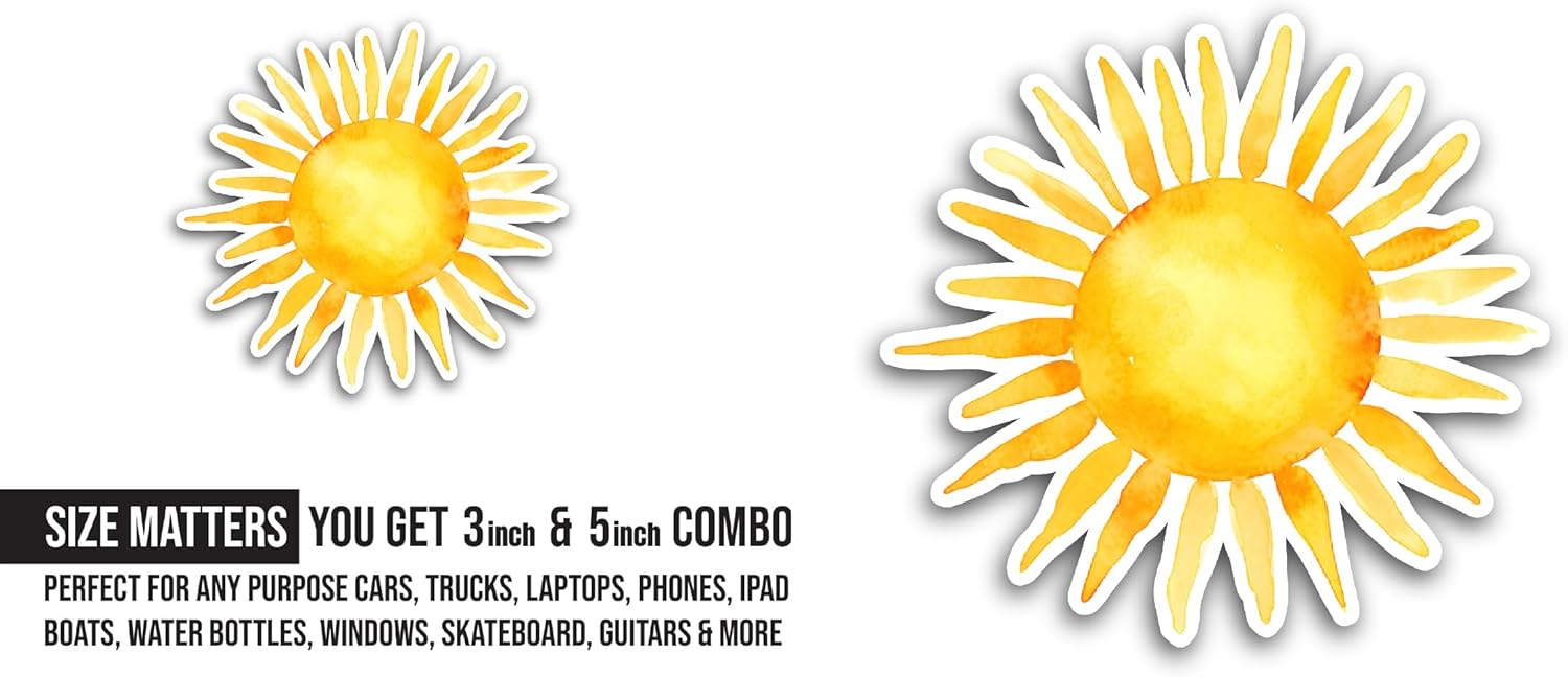 2 (Pieces) 3" and 5" Full Yellow Sun Sticker, Waterproof Vinyl Decals for Many Purpose Like Cars, Trucks, Laptops, Phones, Windows and More