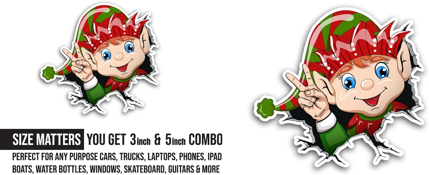 2 (Pieces) 3" and 5" Cute Christmas Elf Sticker, Waterproof Vinyl Decals for Many Purpose Like Cars, Trucks, Laptops, Phones, Windows and More