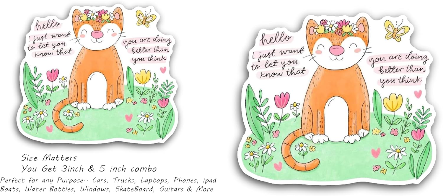 2 (Pieces) 3" and 5" Cute Kitty with Fowers Sticker, Waterproof Vinyl Decals for Many Purpose Like Cars, Trucks, Laptops, Phones, Windows and More