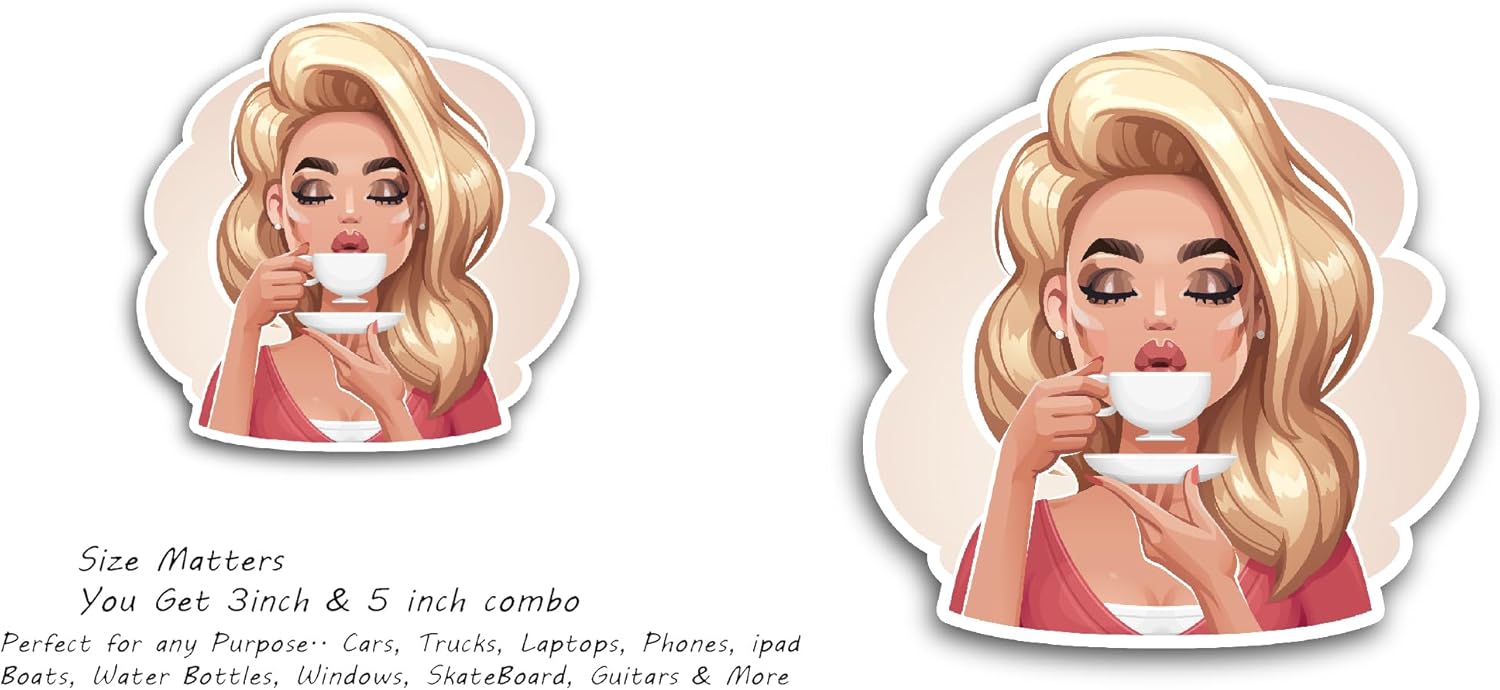 2 (Pieces) 3" and 5" Girl Holding A Cup of Coffee Sticker, Waterproof Vinyl Decals for Many Purpose Like Cars, Trucks, Laptops, Phones, Windows and More