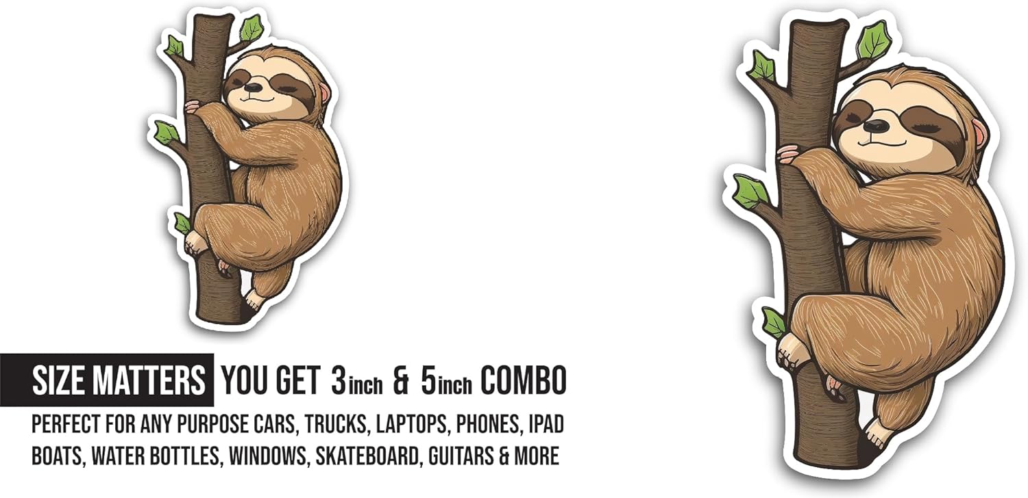2 (Pieces) 3" and 5" Sloth Sitting On A Tree Sticker, Waterproof Vinyl Decals for Many Purpose Like Cars, Trucks, Laptops, Phones, Windows and More