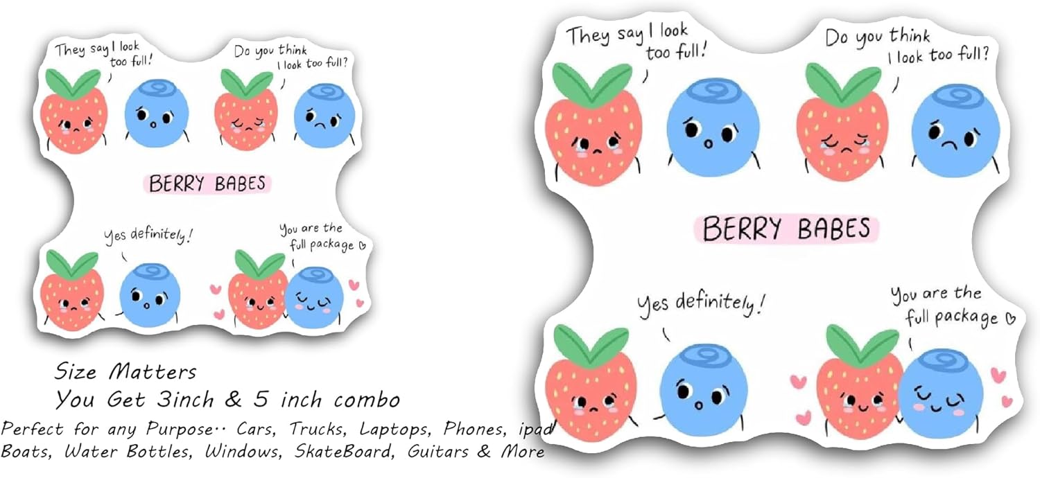 2 (Pieces) 3" and 5" Strawberry and Blueberry Sticker, Waterproof Vinyl Decals for Many Purpose Like Cars, Trucks, Laptops, Phones, Windows and More
