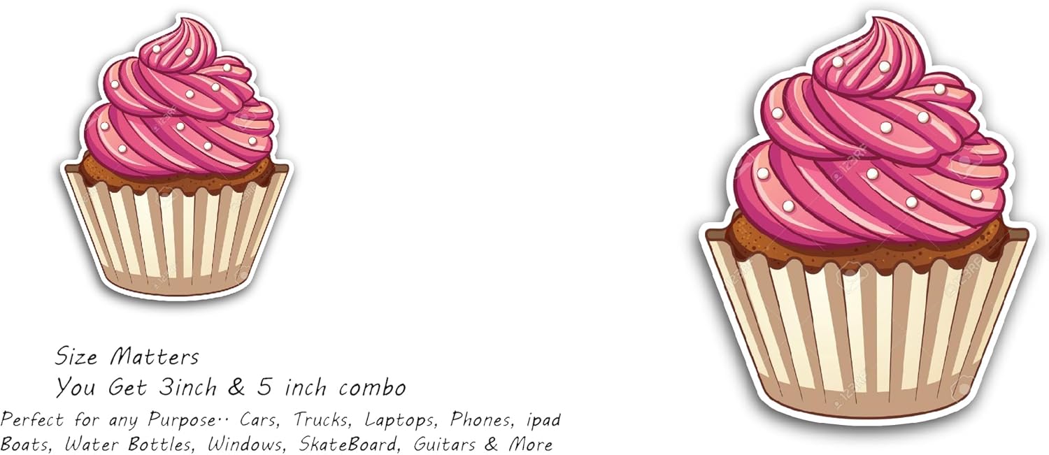 2 (Pieces) 3" and 5" Cute Cartoon Cupcake Sticker, Waterproof Vinyl Decals for Many Purpose Like Cars, Trucks, Laptops, Phones, Windows and More