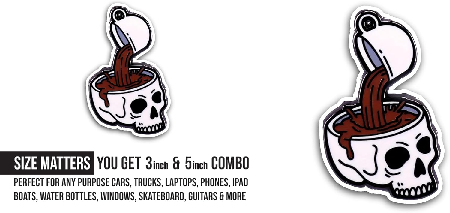 2 (Pieces) 3" and 5" Coffee Cup with Skull Sticker, Waterproof Vinyl Decals for Many Purpose Like Cars, Trucks, Laptops, Phones, Windows and More