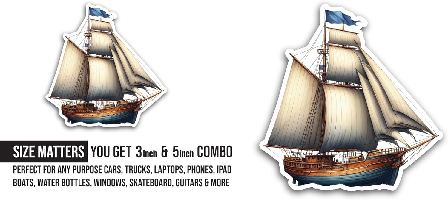 2 (Pieces) 3" and 5" Vintage Ship Sticker, Waterproof Vinyl Decals for Many Purpose Like Cars, Trucks, Laptops, Phones, Windows and More