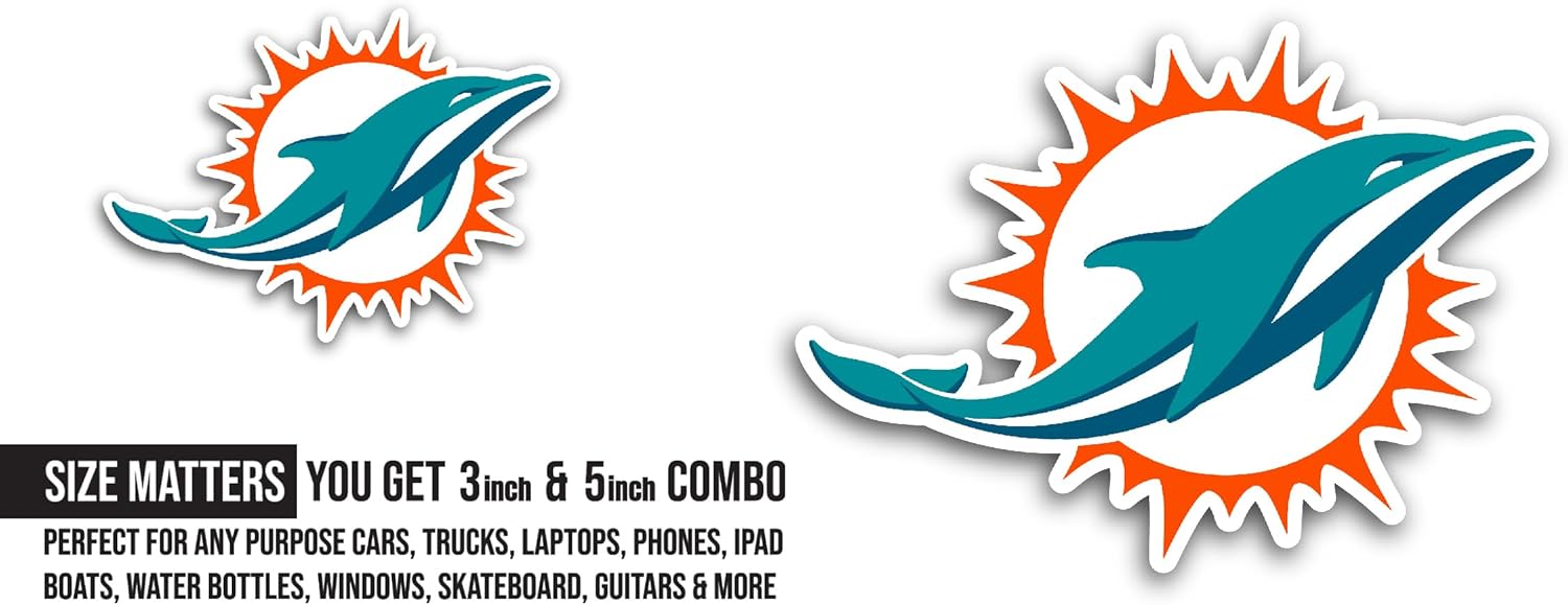 2 (Pieces) 3" and 5" Miami D0lphins Decal Sticker, Waterproof Vinyl Decals for Many Purpose Like Cars, Trucks, Laptops, Phones, Windows and More