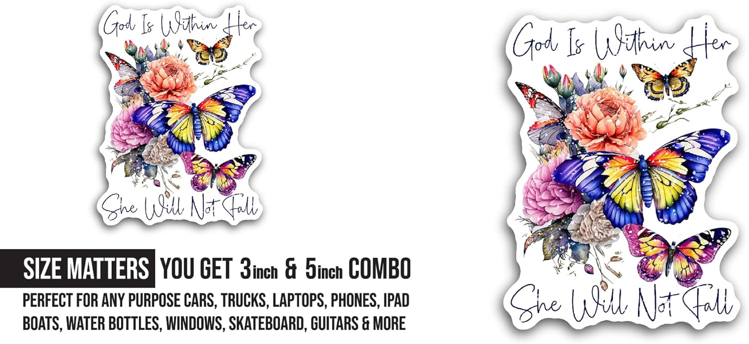 2 (Pieces) 3" and 5" God is Within Her She Will Not Fall Text Sticker, Waterproof Vinyl Decals for Many Purpose Like Cars, Trucks, Laptops, Phones, Windows and More