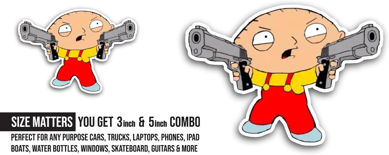 2 (Pieces) 3" and 5" Cartoon Character with Gun Sticker, Waterproof Vinyl Decals for Many Purpose Like Cars, Trucks, Laptops, Phones, Windows and More