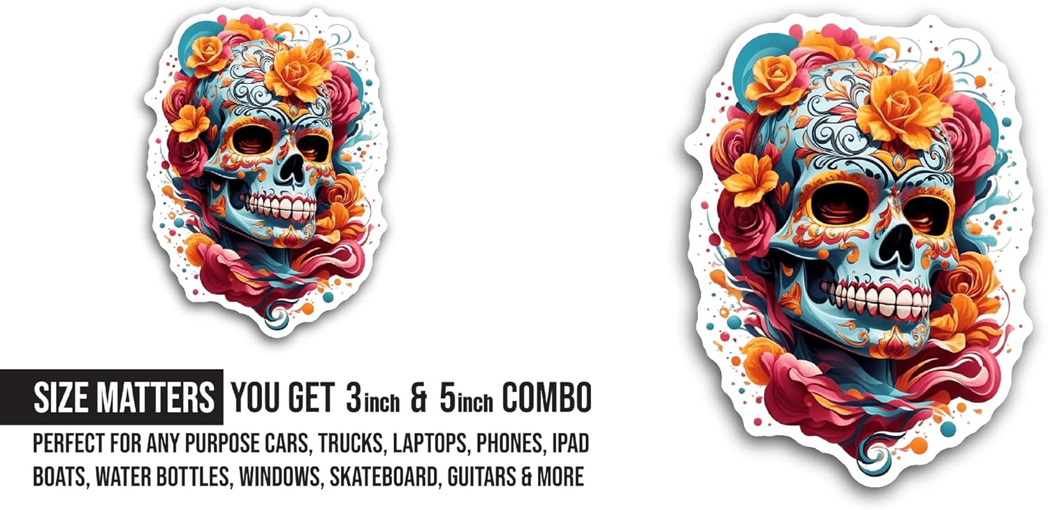 2 (Pieces) 3" and 5" Skull with Flowers Sticker, Waterproof Vinyl Decals for Many Purpose Like Cars, Trucks, Laptops, Phones, Windows and More