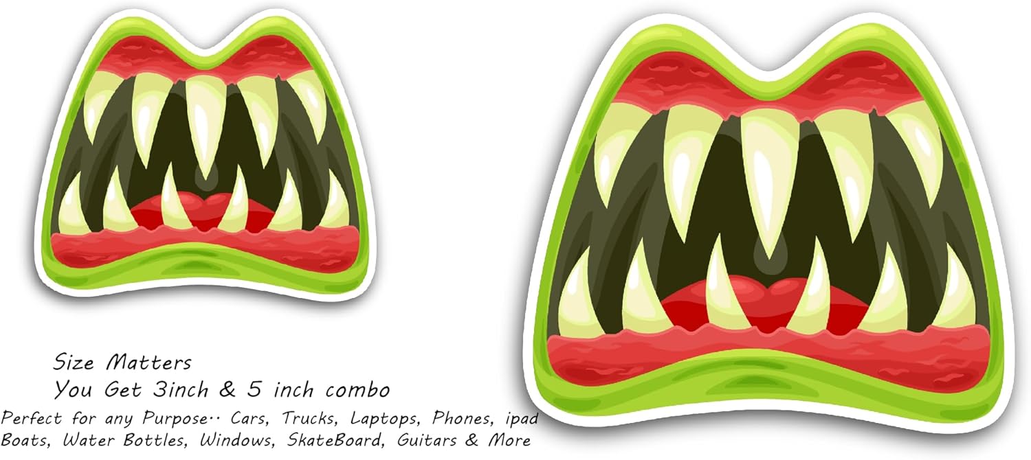 2 (Pieces) 3" and 5" Monster Mouth with Teeth Sticker, Waterproof Vinyl Decals for Many Purpose Like Cars, Trucks, Laptops, Phones, Windows and More