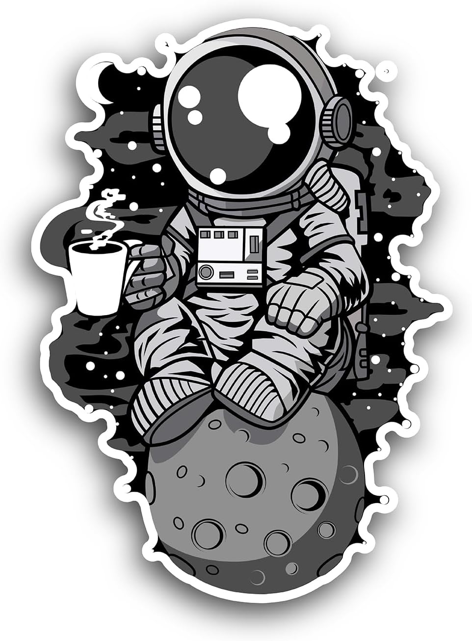 2 (Pieces) 3" and 5" Astronaut Drinking Coffee Sticker, Waterproof Vinyl Decals for Many Purpose Like Cars, Trucks, Laptops, Phones, Windows and More