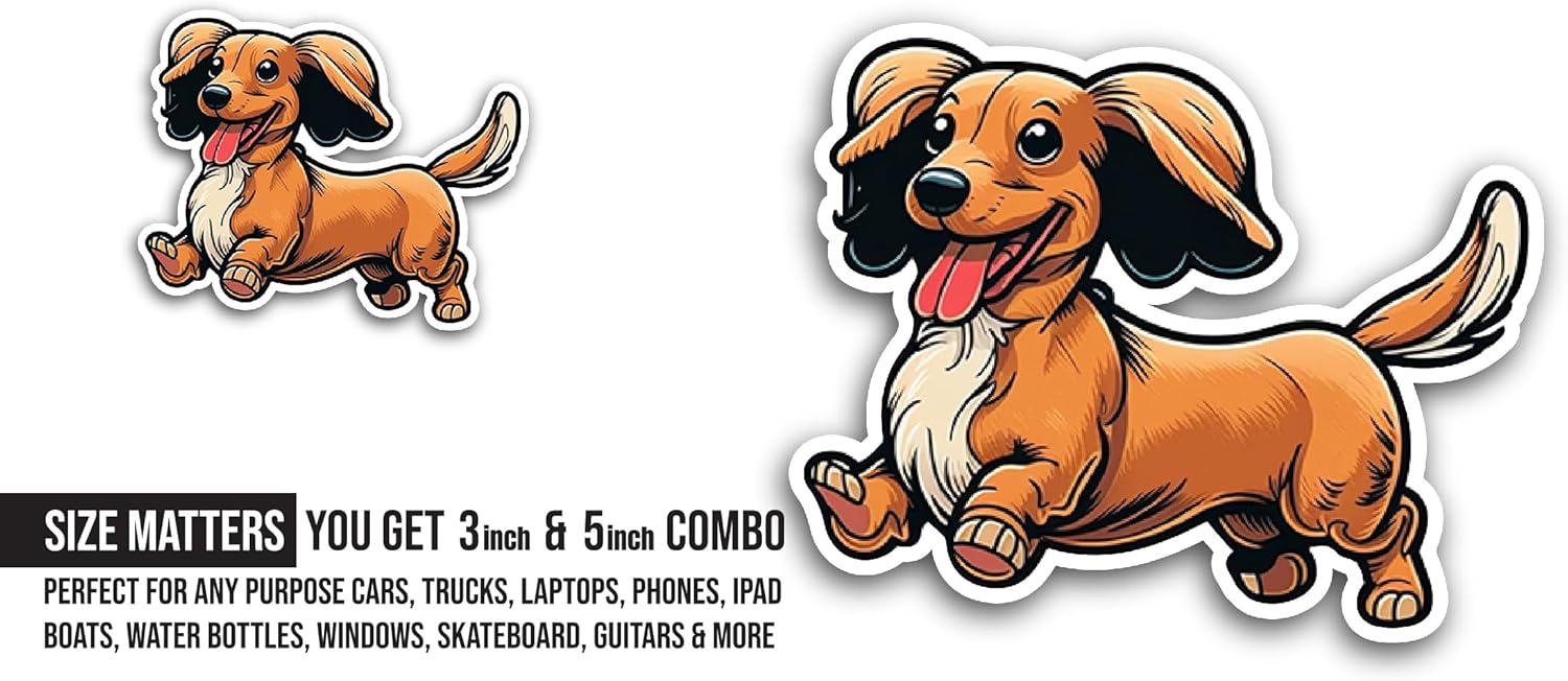 2 (Pieces) 3" and 5" Cute Dachshund Sticker, Waterproof Vinyl Decals for Many Purpose Like Cars, Trucks, Laptops, Phones, Windows and More