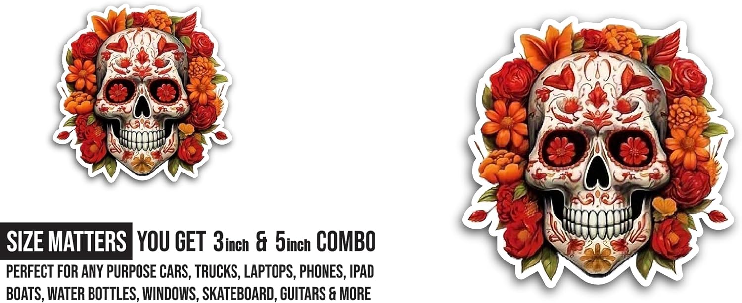 2 (Pieces) 3" and 5" Red Sugar Skull Sticker, Waterproof Vinyl Decals for Many Purpose Like Cars, Trucks, Laptops, Phones, Windows and More