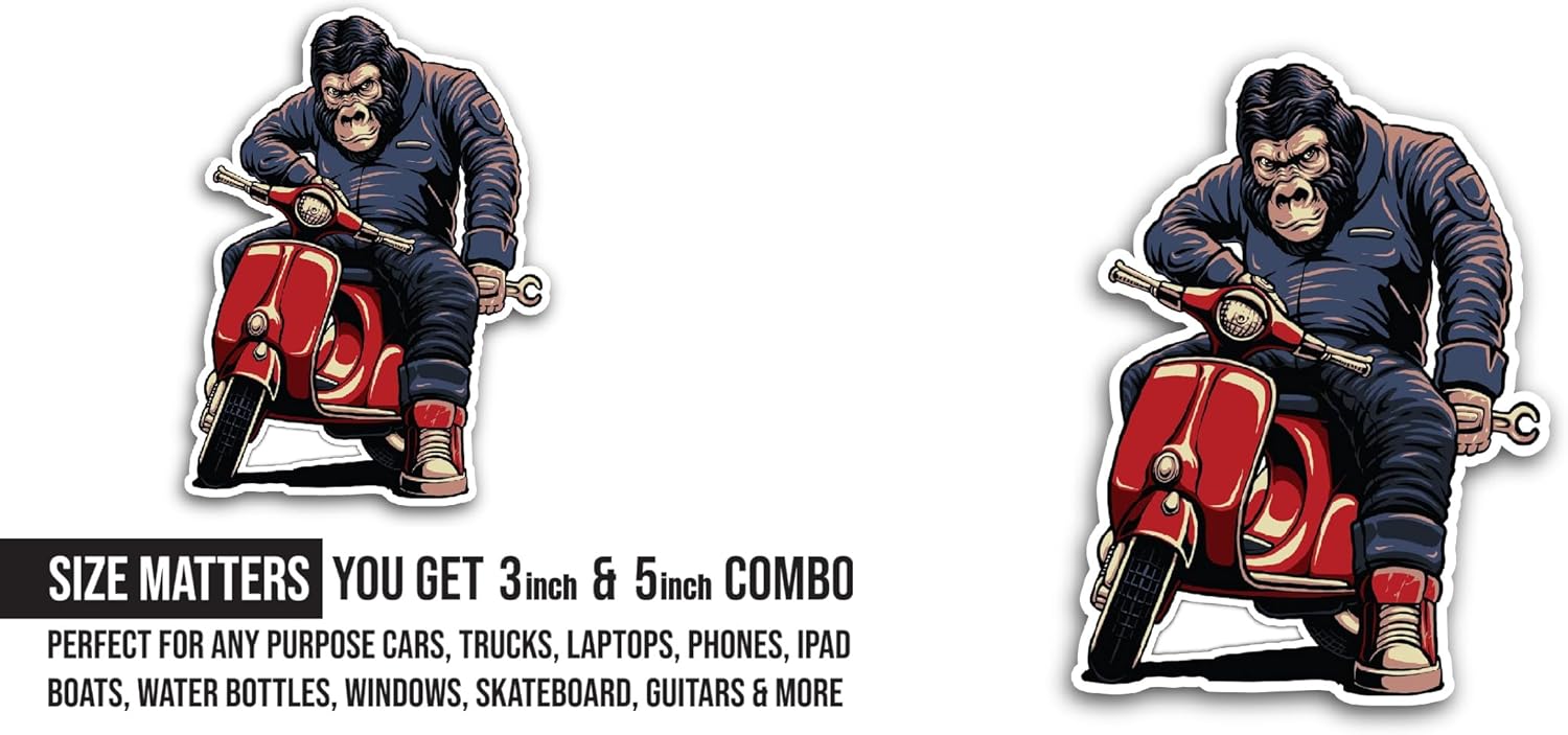 2 (Pieces) 3" and 5" Gorilla with Scooter Sticker, Waterproof Vinyl Decals for Many Purpose Like Cars, Trucks, Laptops, Phones, Windows and More