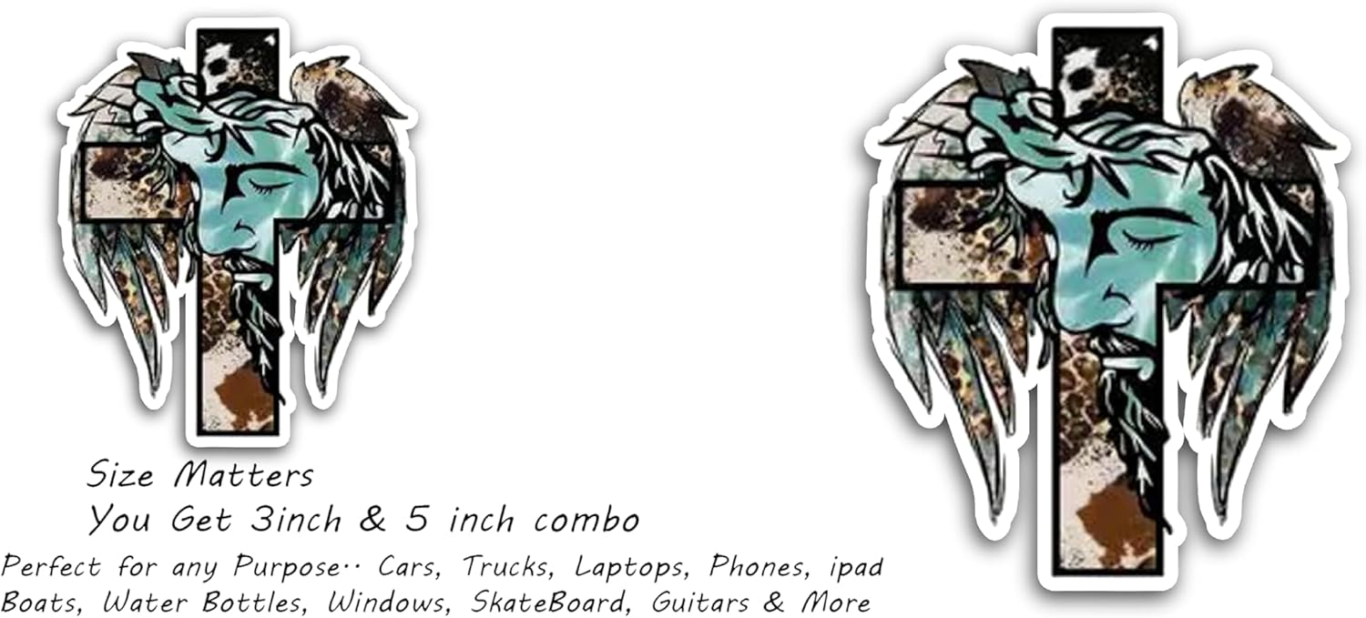 2 (Pieces) 3" and 5" Jesus face on Cross Decal Sticker, Waterproof Vinyl Decals for Many Purpose Like Cars, Trucks, Laptops, Phones, Windows and More