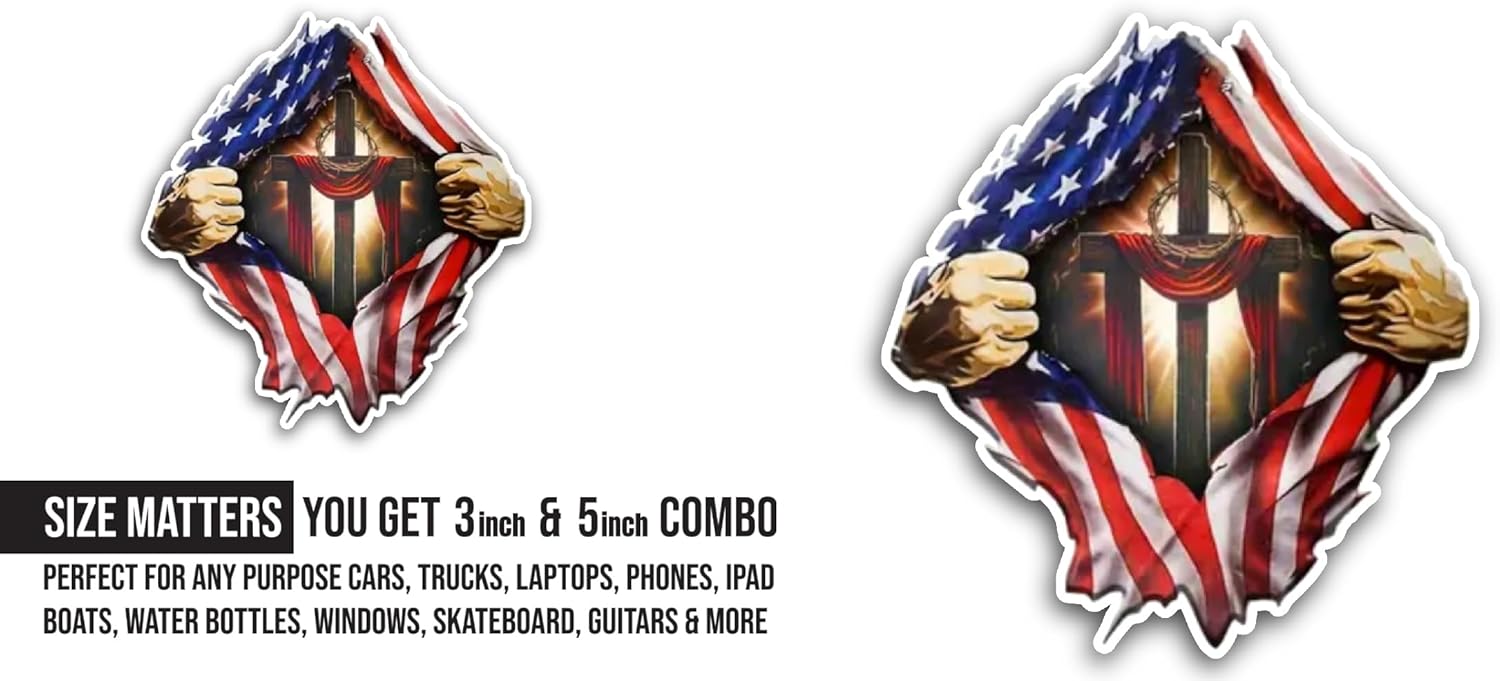 2 (Pieces) 3" and 5" American Flag with Cross Sticker, Waterproof Vinyl Decals for Many Purpose Like Cars, Trucks, Laptops, Phones, Windows and More
