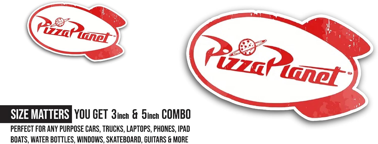 2 (Pieces) 3" and 5" Pizza Planet Sticker, Waterproof Vinyl Decals for Many Purpose Like Cars, Trucks, Laptops, Phones, Windows and More