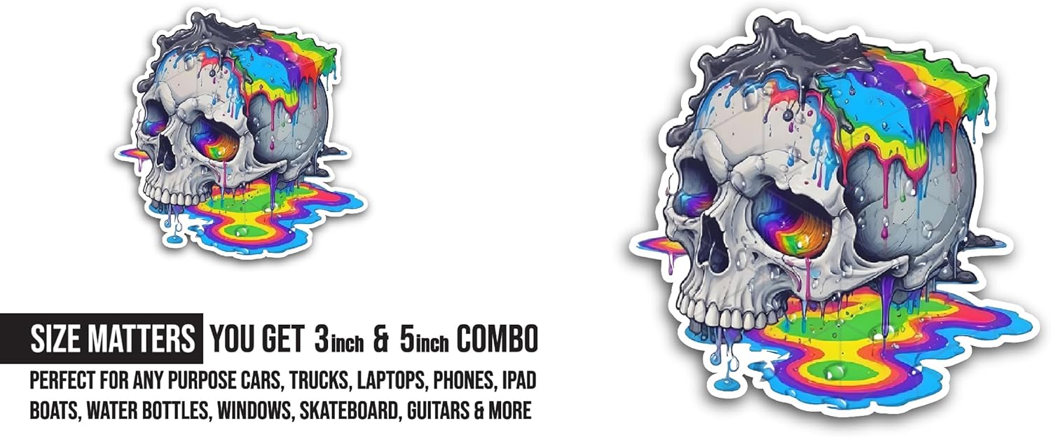 2 (Pieces) 3" and 5" Colorful Skull Head Sticker, Waterproof Vinyl Decals for Many Purpose Like Cars, Trucks, Laptops, Phones, Windows and More