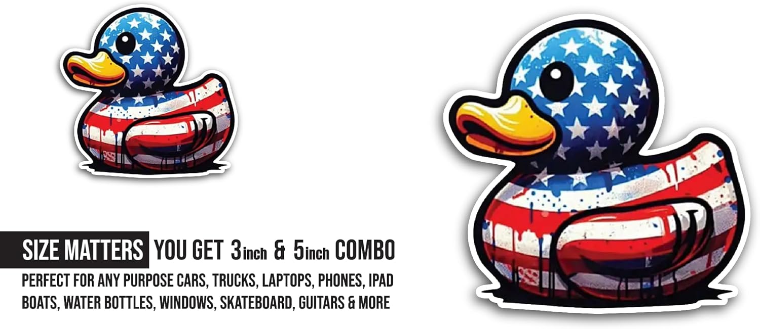 2 (Pieces) 3" and 5" Rubber Duck American Flag Sticker, Waterproof Vinyl Decals for Many Purpose Like Cars, Trucks, Laptops, Phones, Windows and More