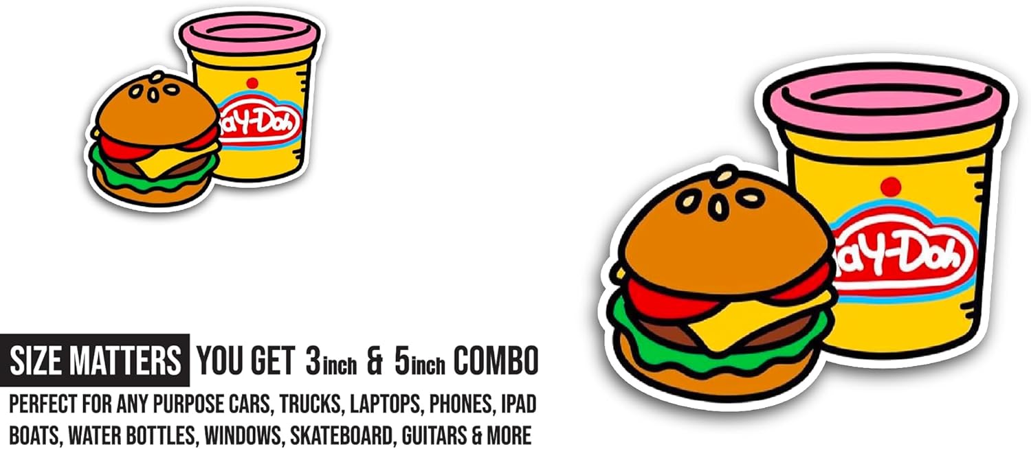 2 (Pieces) 3" and 5" Cartoon Burger Sticker, Waterproof Vinyl Decals for Many Purpose Like Cars, Trucks, Laptops, Phones, Windows and More
