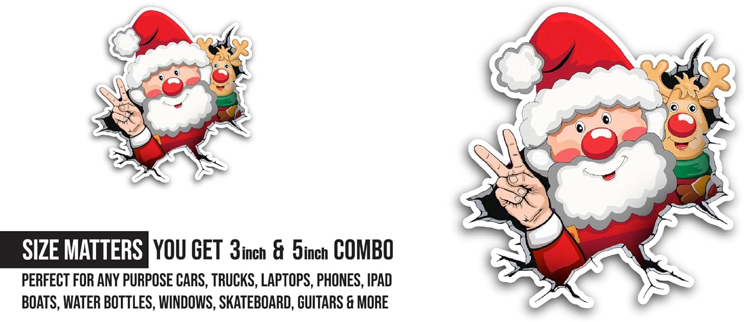 2 (Pieces) 3" and 5" Santa Claus Cute Cartoon Sticker, Waterproof Vinyl Decals for Many Purpose Like Cars, Trucks, Laptops, Phones, Windows and More