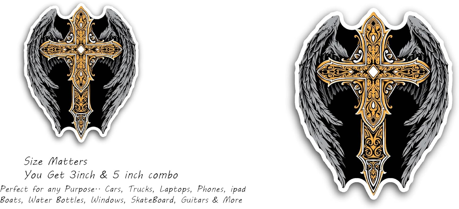 2 (Pieces) 3" and 5" Wings & Cross Vinyl Decals Sticker, Waterproof Vinyl Decals for Many Purpose Like Cars, Trucks, Laptops, Phones, Windows and More