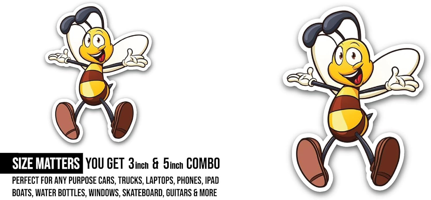 2 (Pieces) 3" and 5" Happy Bee Sticker, Waterproof Vinyl Decals for Many Purpose Like Cars, Trucks, Laptops, Phones, Windows and More