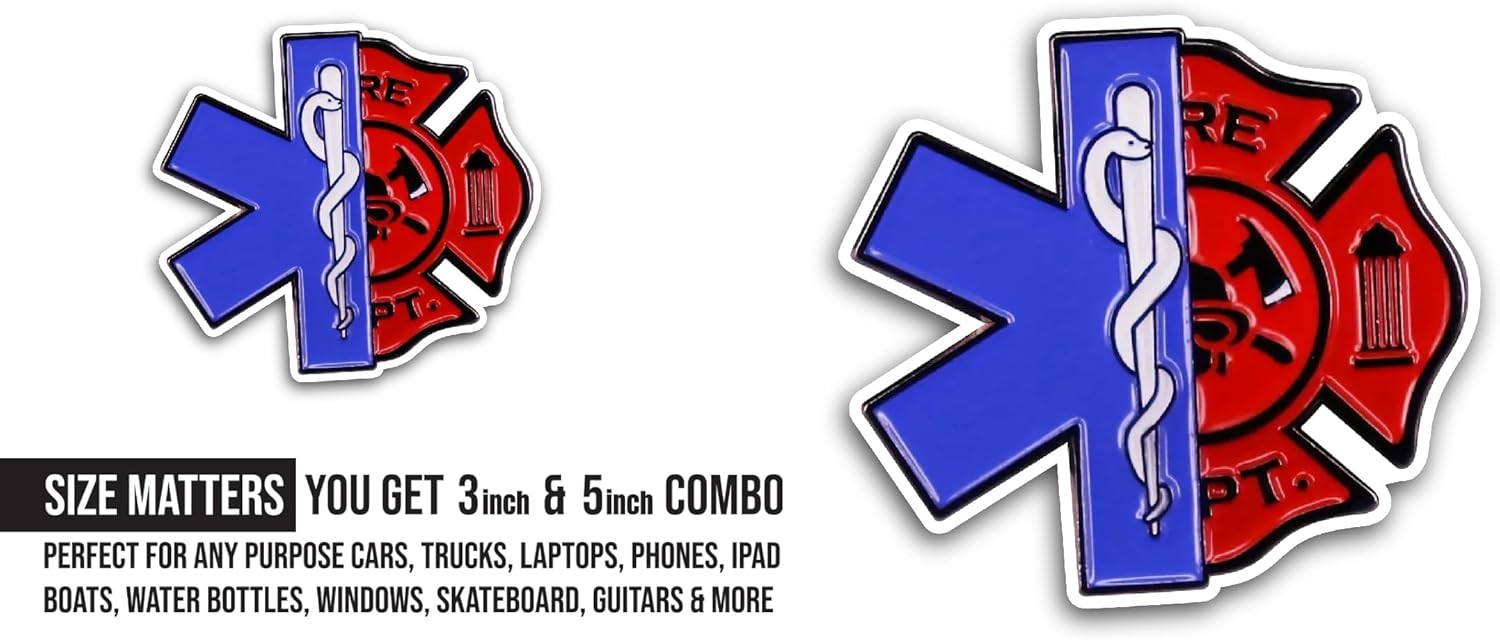 2 (Pieces) 3" and 5" Fire and EMS Emblem Sticker, Waterproof Vinyl Decals for Many Purpose Like Cars, Trucks, Laptops, Phones, Windows and More
