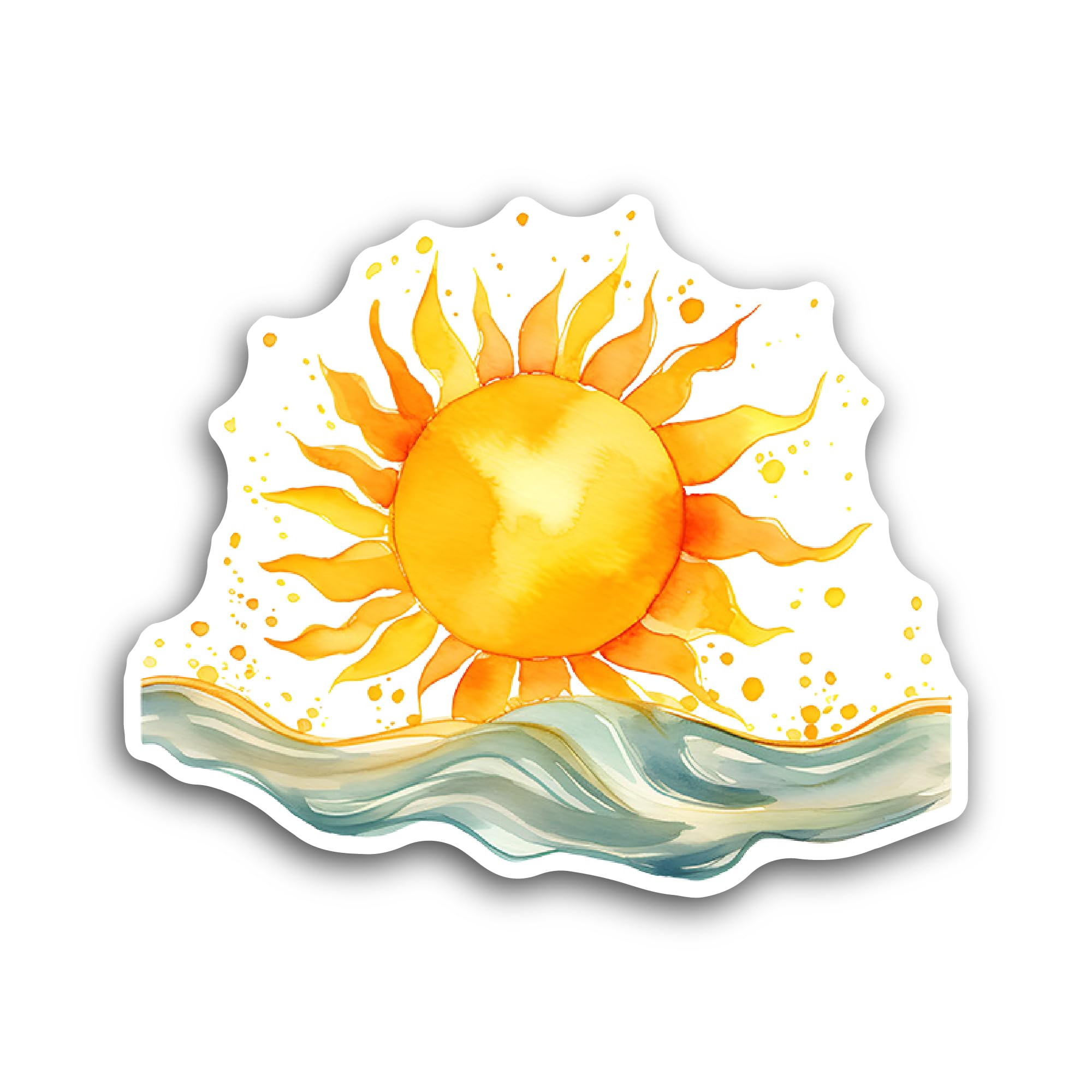 2 (Pieces) 3" and 5" Yellow Sun and Ocean Sticker, Waterproof Vinyl Decals for Many Purpose Like Car