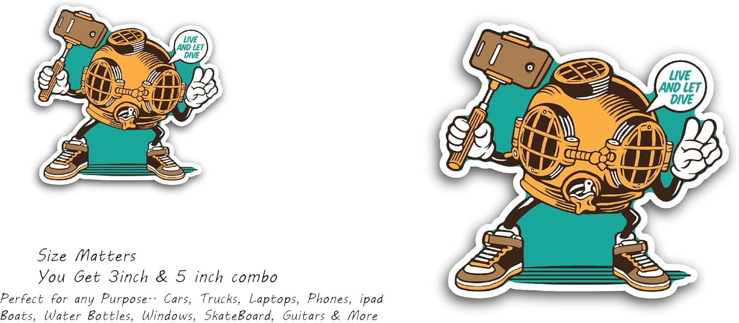 2 (Pieces) 3" and 5" Vintage Diver Helmet Sticker, Waterproof Vinyl Decals for Many Purpose Like Cars, Trucks, Laptops, Phones, Windows and More