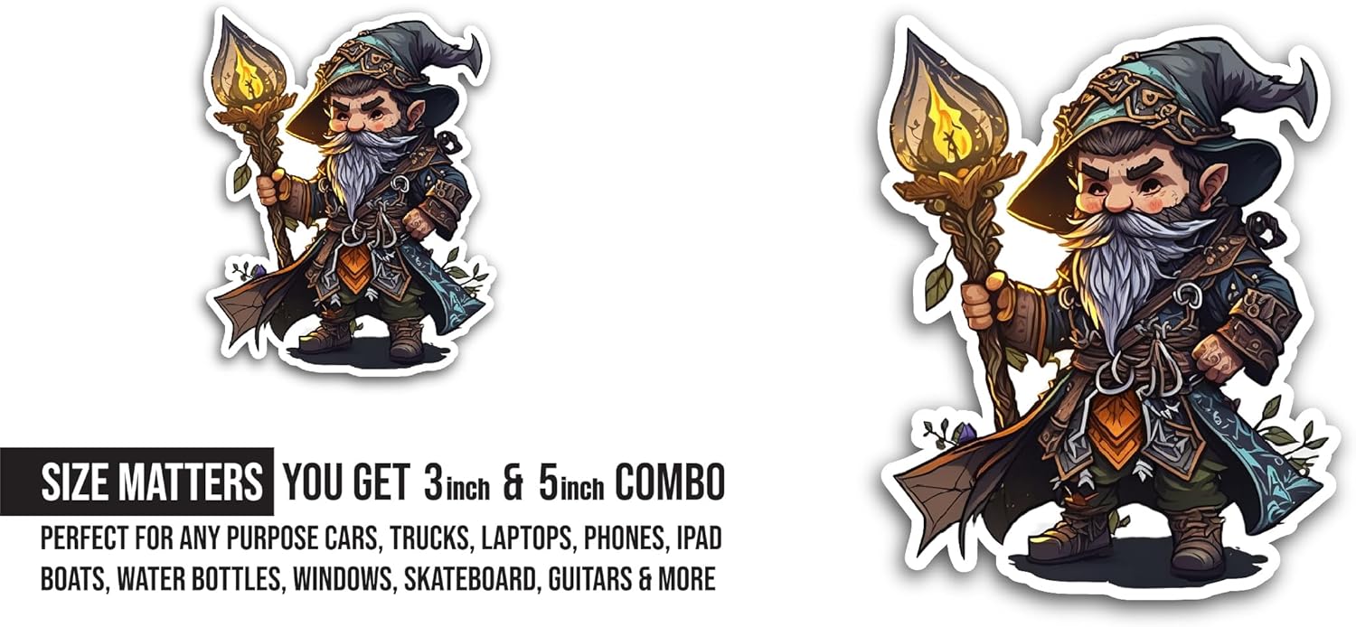 2 (Pieces) 3" and 5" Wizard with A Big Hat Sticker, Waterproof Vinyl Decals for Many Purpose Like Cars, Trucks, Laptops, Phones, Windows and More