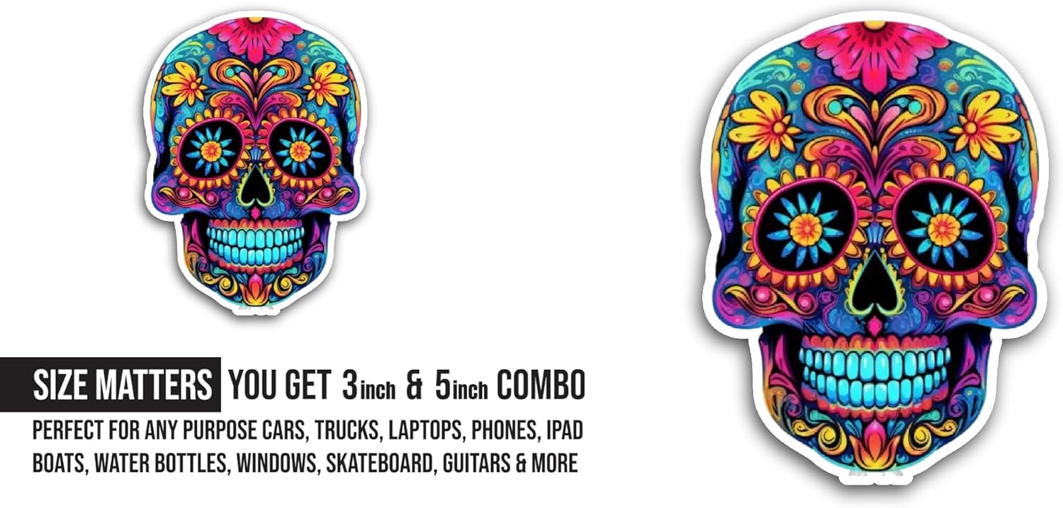 2 (Pieces) 3" and 5" Colorful Skull Face Sticker, Waterproof Vinyl Decals for Many Purpose Like Cars, Trucks, Laptops, Phones, Windows and More