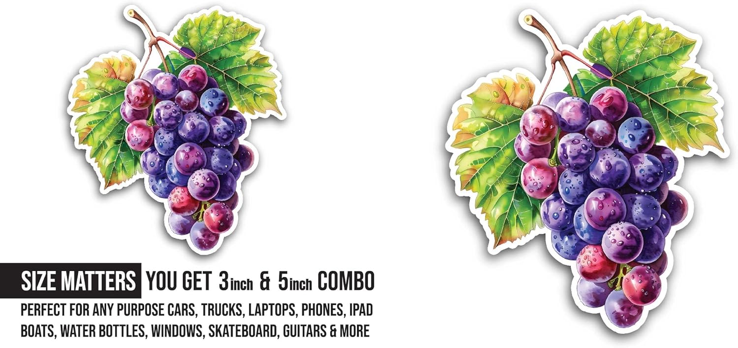 2 (Pieces) 3" and 5" Bunch of Grapes Sticker, Waterproof Vinyl Decals for Many Purpose Like Cars, Trucks, Laptops, Phones, Windows and More