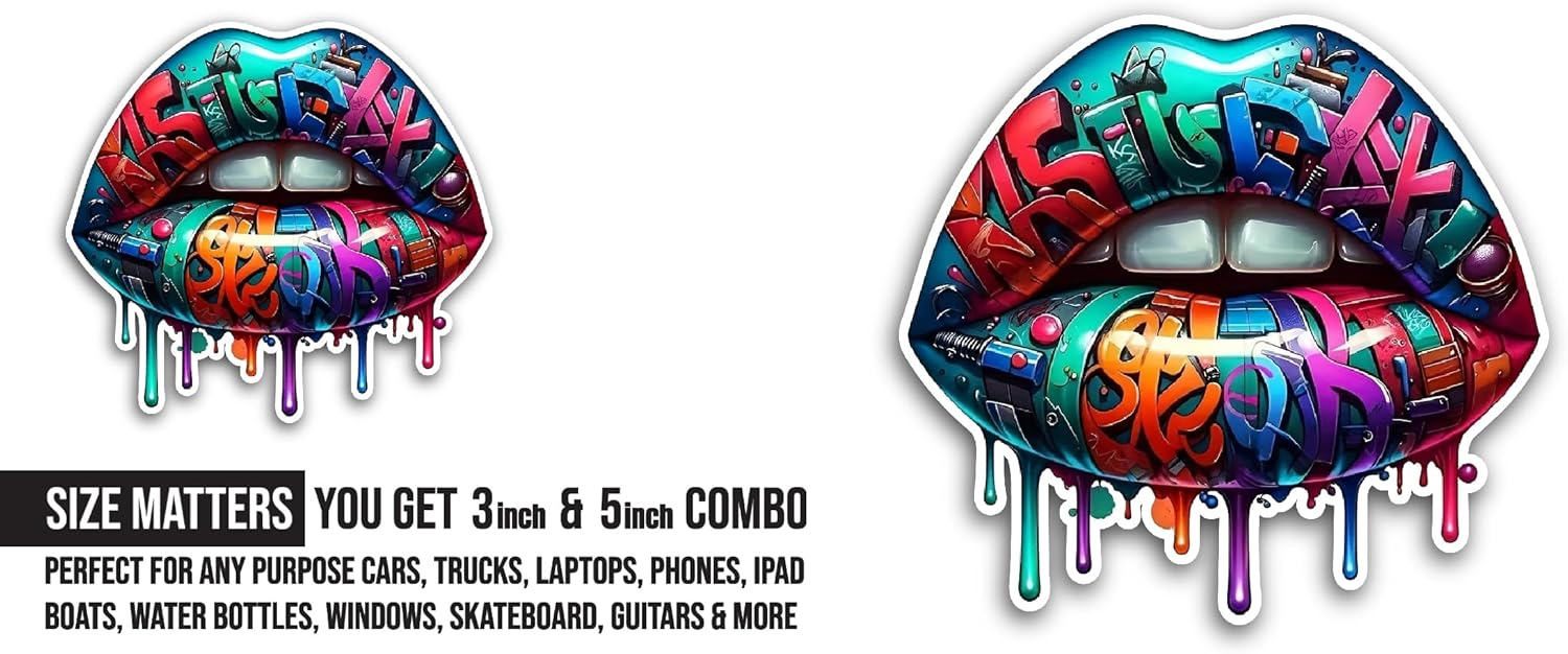 2 (Pieces) 3" and 5" Bright Color Lips Sticker, Waterproof Vinyl Decals for Many Purpose Like Cars, Trucks, Laptops, Phones, Windows and More