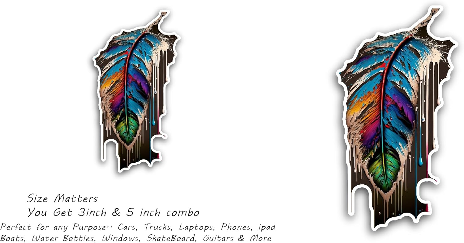 2 (Pieces) 3" and 5" Colorful Feather Sticker, Waterproof Vinyl Decals for Many Purpose Like Cars, Trucks, Laptops, Phones, Windows and More