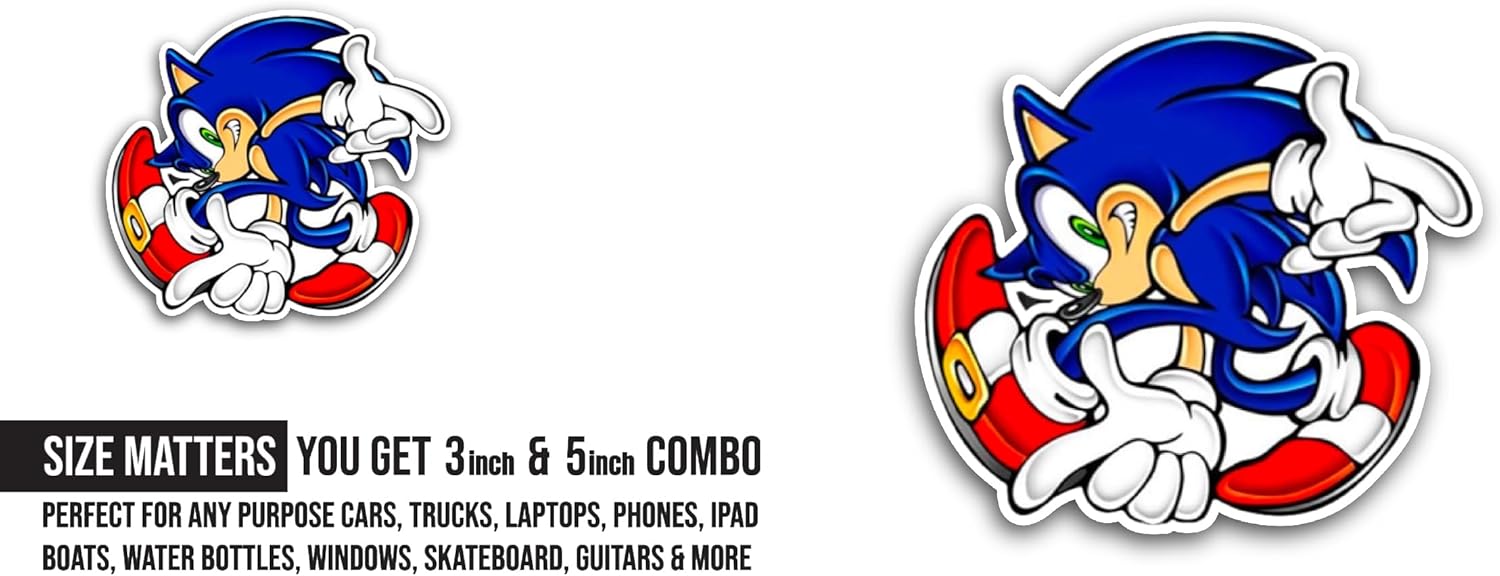2 (Pieces) 3" and 5" S0nic Spin Sticker, Waterproof Vinyl Decals for Many Purpose Like Cars, Trucks, Laptops, Phones, Windows and More
